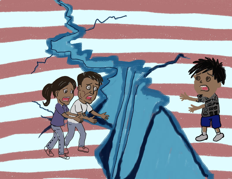 Illustration of an ice split in half, symbolizing family separation. On one side stands distressed parents, and on the other side stands a crying child. The background features red, white.<br />
