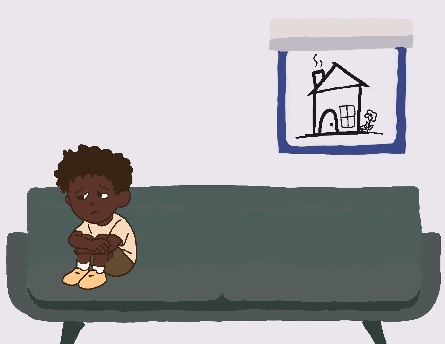 An illustration of a Black child sitting alone with a worried expression, reflecting fear and uncertainty about being placed into foster care.