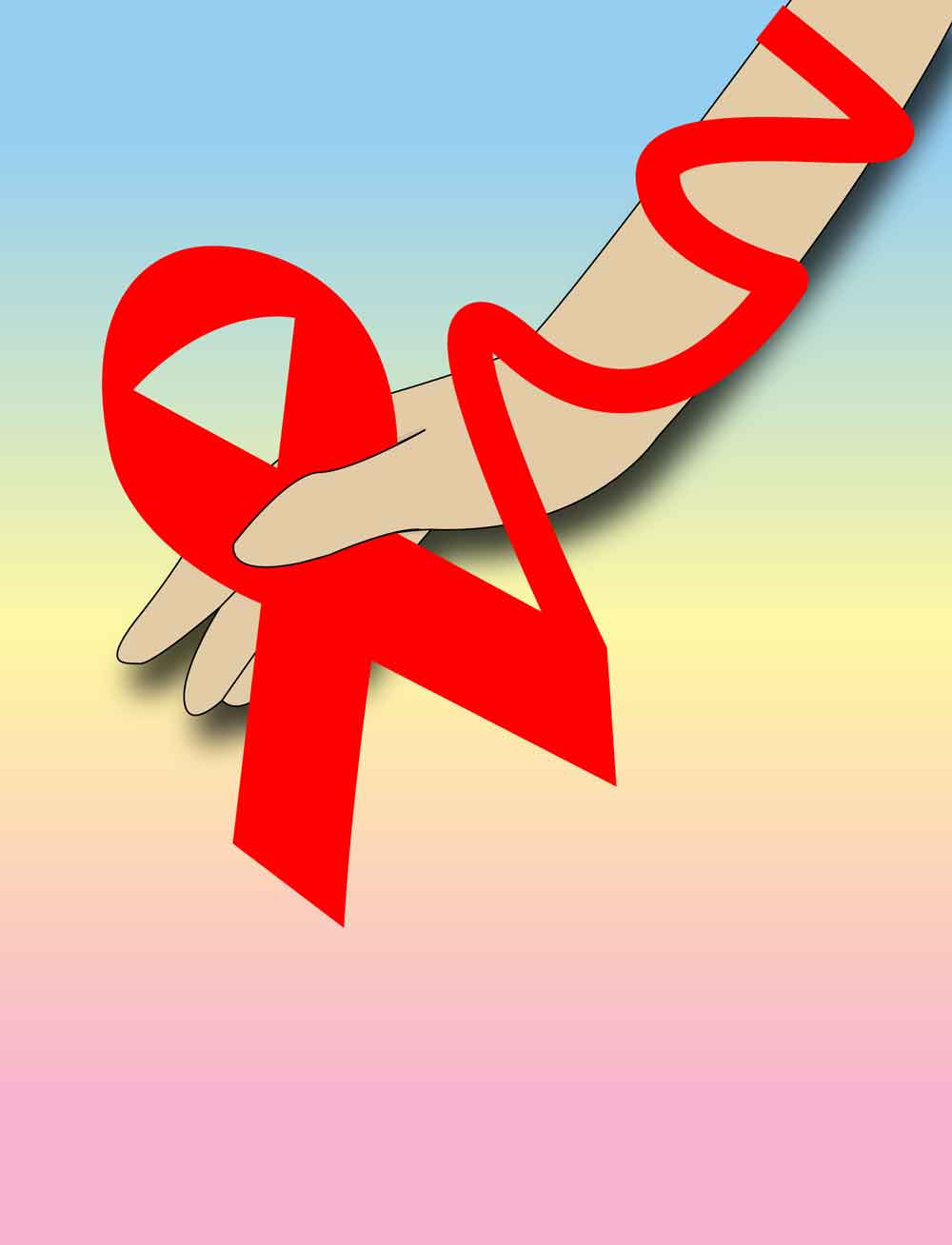 A red ribbon tied around a hand surrounded by a soft gradient of colors. 